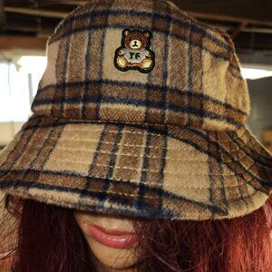 xTeddy Fresh Bucket Hat Tan Plaid Wool Polyester Hat Unisex Preppy 90s Y2k